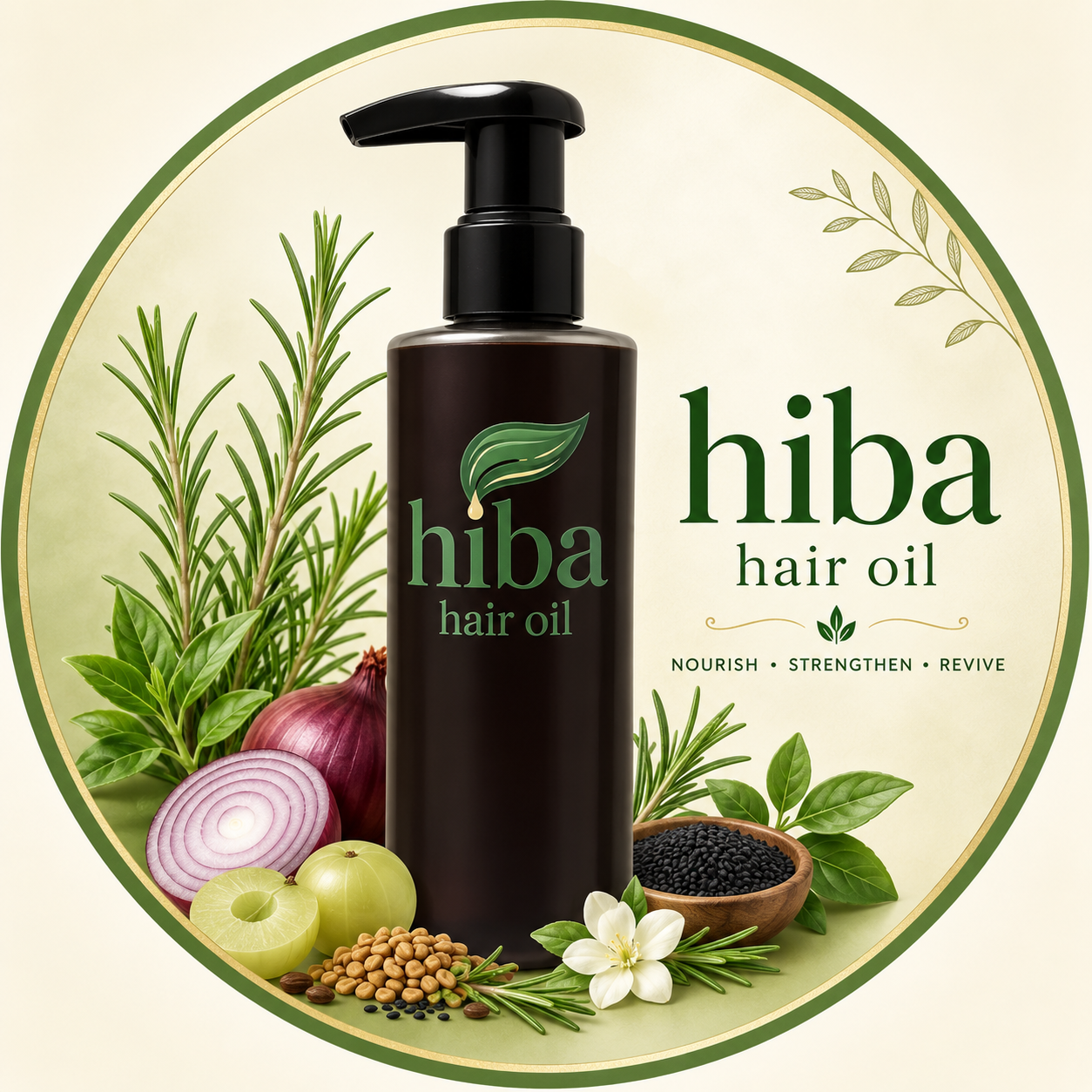 Hiba Hair Oil bottle with natural herbs